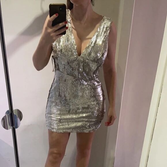 NWT Zara draped sequined mini dress Silver M​ - Picture 1 of 8